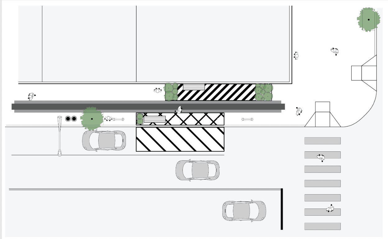 Street Furniture, next to a building, curbspaces with cars, and a sidewalk