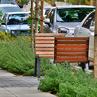 Two curbside wooden slat benches facing each other with greenery nearby