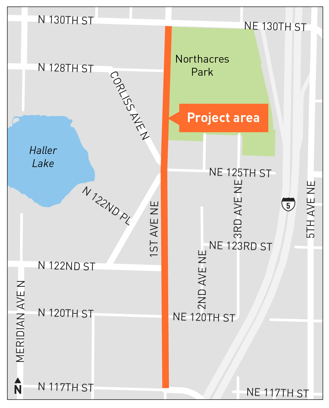 Map showing the project limits on 1st Ave NE between NE 117th St and NE 130th St