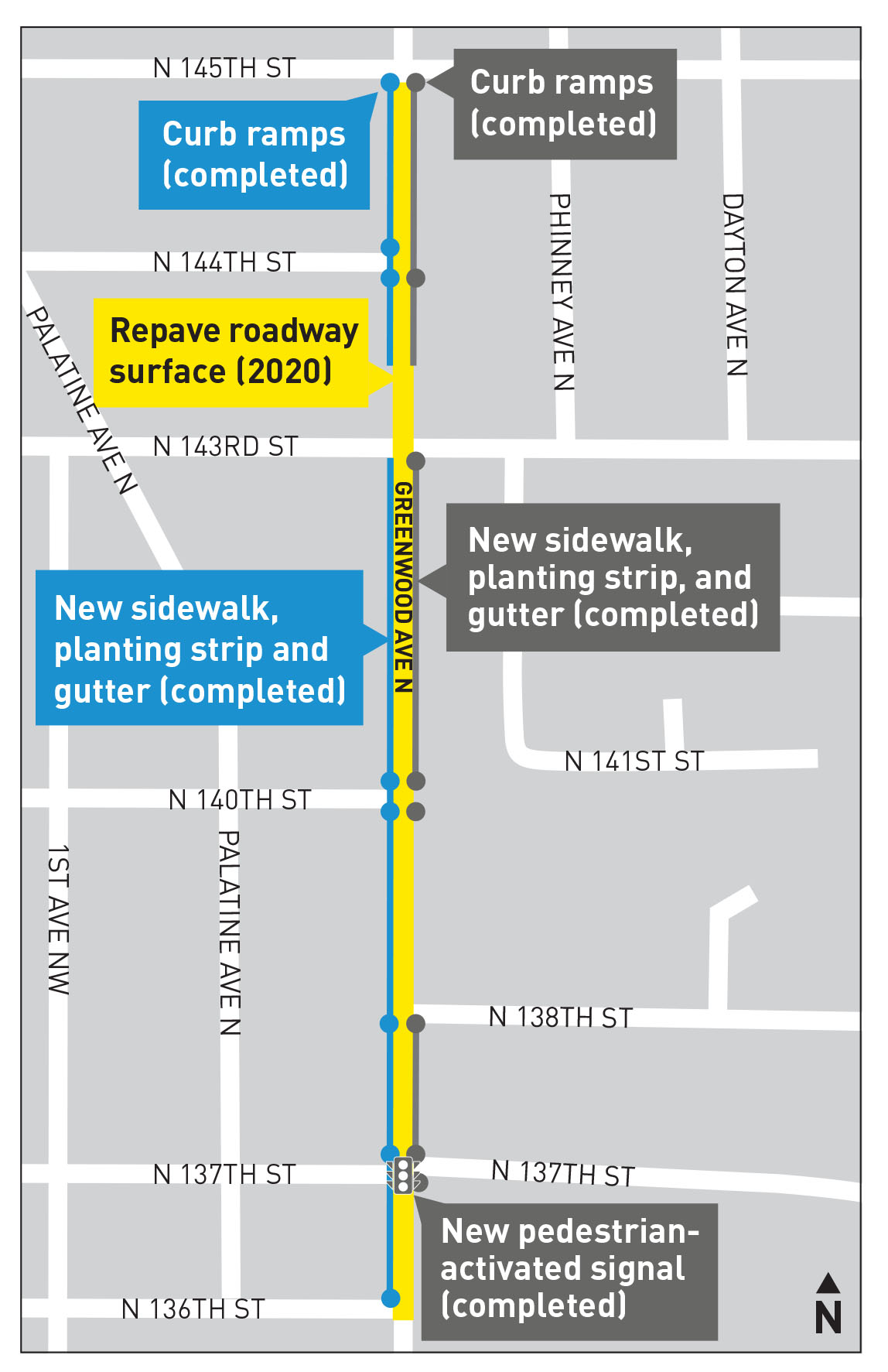 Map of project area from N 145th St to N 136th St