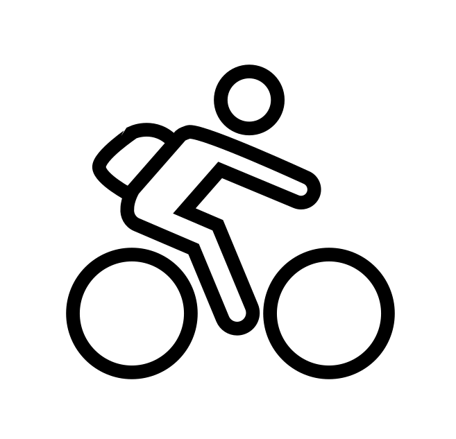 An icon representing a person wearing a backpack while riding a bike