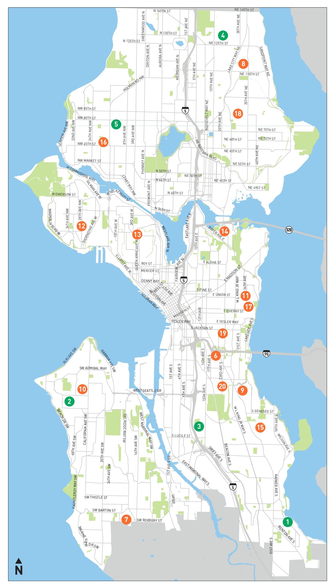 Map of Seattle showing dots labeled 1-20 for each School Street.