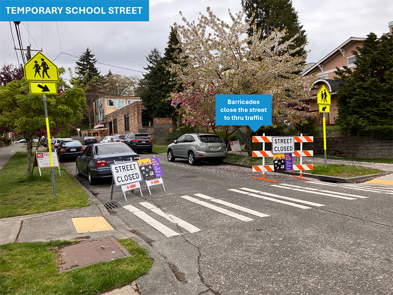 A temporary school street showing movable 'Street Closed" signs and barricades and healthy street signage.