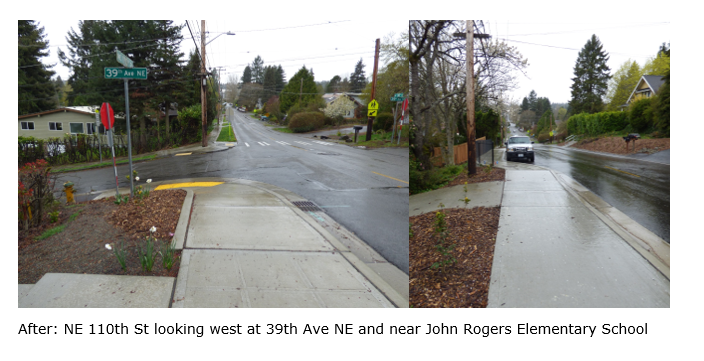 After construction: NE 110th St looking west at  39th Ave NE near John Rogers Elementary School