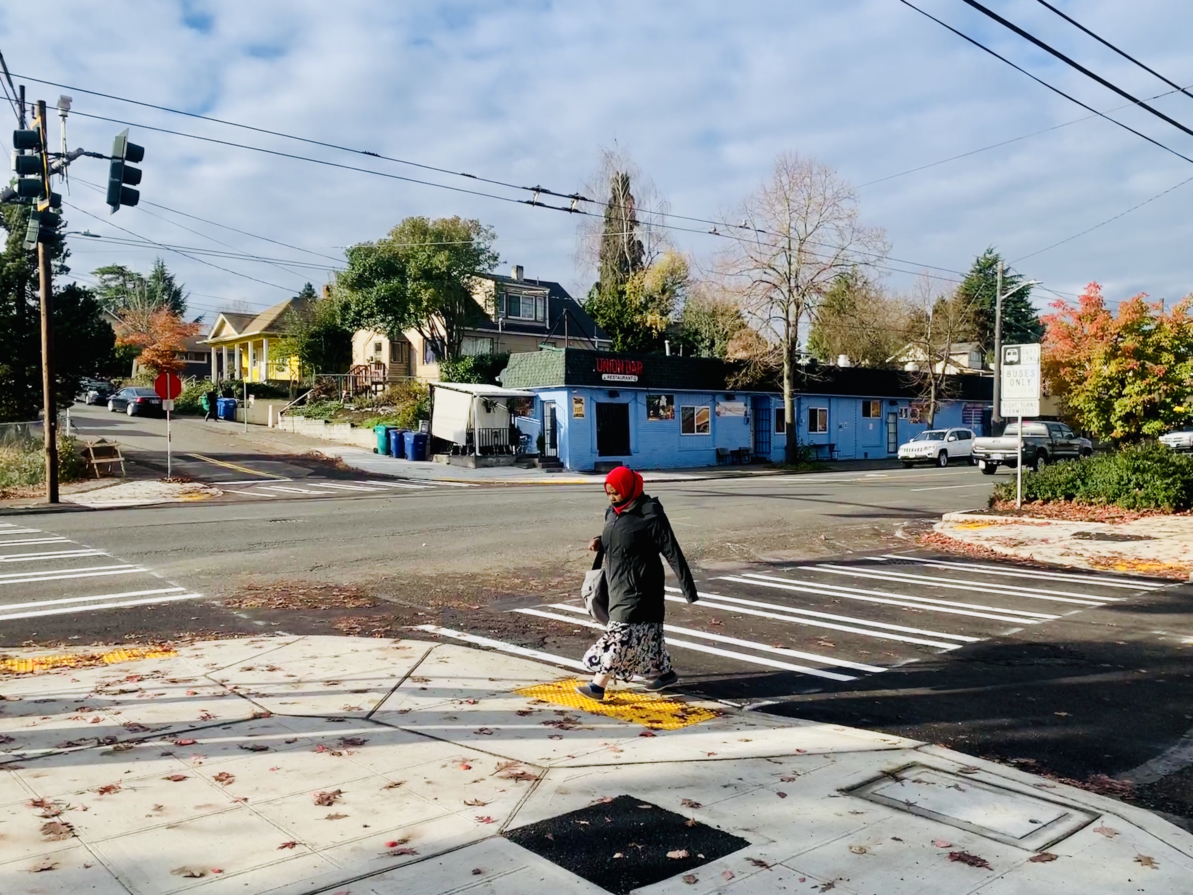 At the intersection of Rainier Ave S and S Rose St, crews have finished pedestrian safety improvements 
