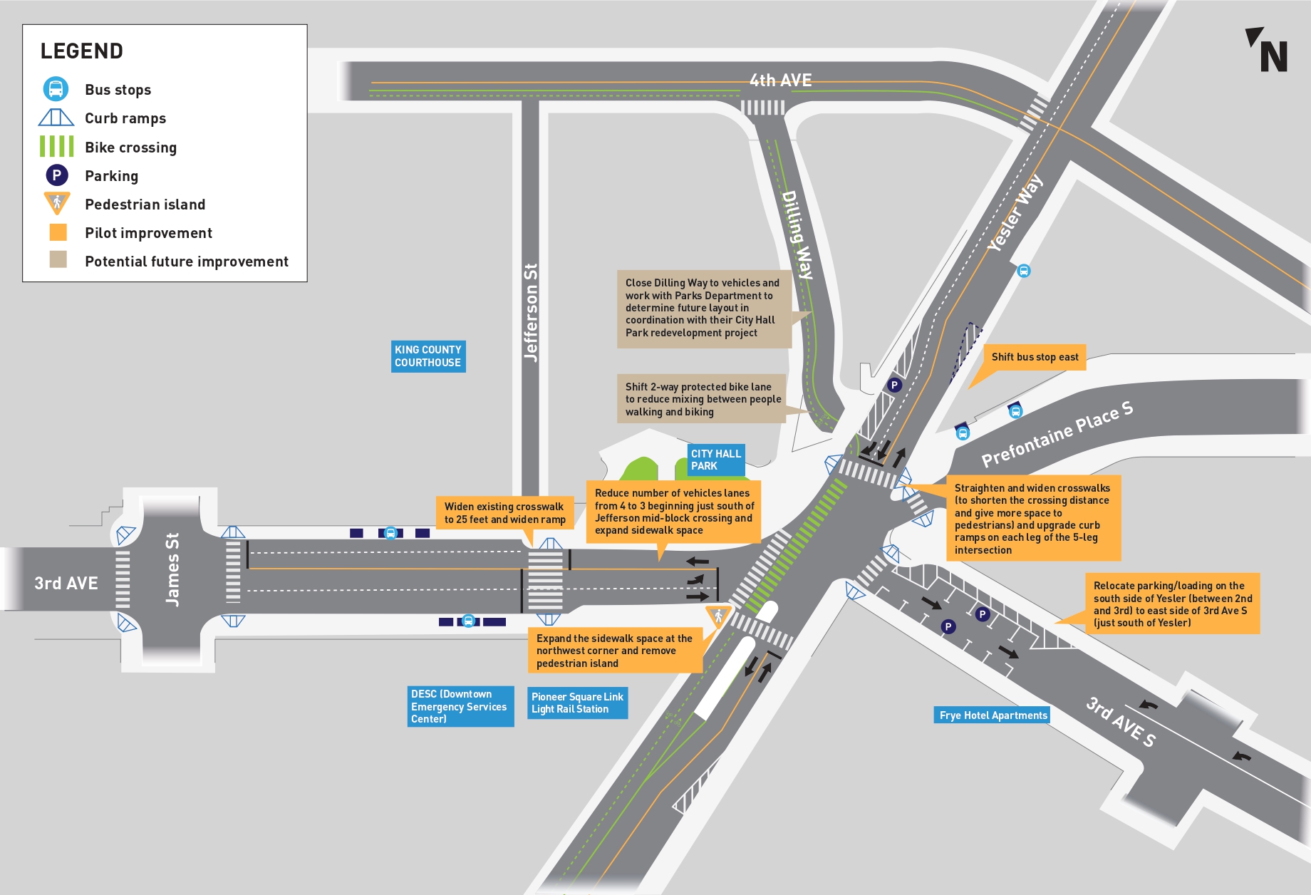 Project map showing proposed pilot improvements and potential future improvements at 3rd Ave and Yesler Way.