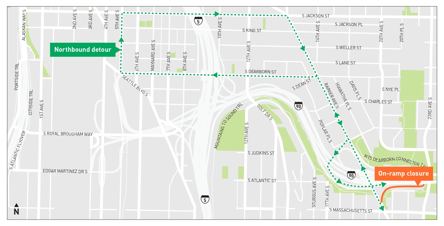 Detour map for northbound Rainier Ave S to eastbound I-90 on-ramp closure.