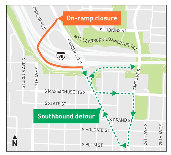 Detour map for southbound Rainier Ave S to eastbound I-90 on-ramp closure.