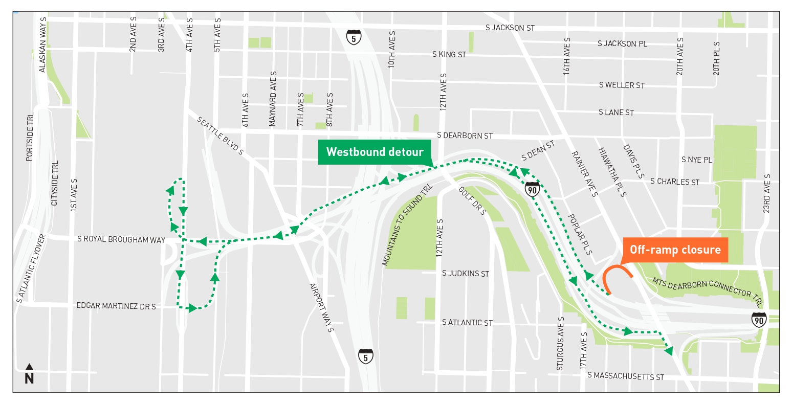 Detour map for westbound I-90 to southbound Rainier Ave S off-ramp closure.