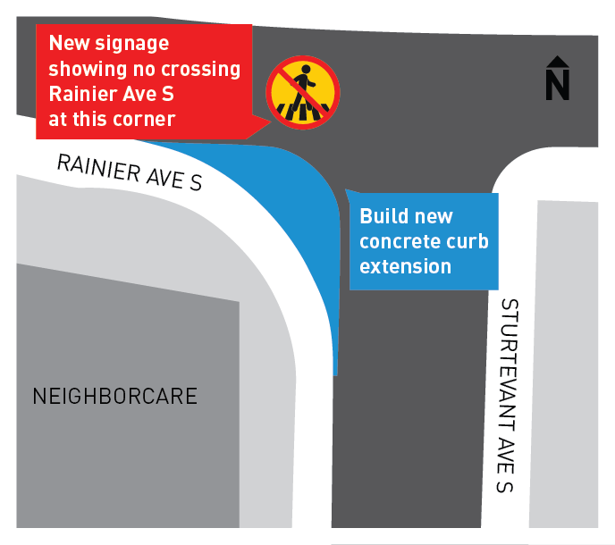 Map showing construction activities and detours at Rainier Ave S and Sturtevant Ave S.