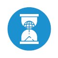 Hourglass icon with the world inside against a blue background