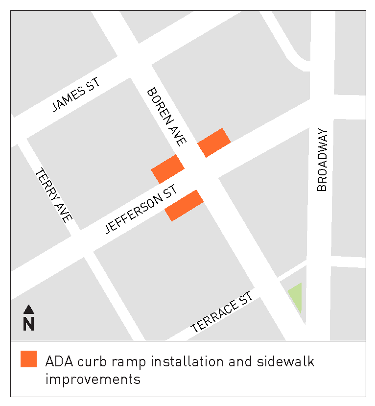 A project map of the intersection at Jefferson and Boren Avenue, with orange rectangles showing where curb ramps will be installed