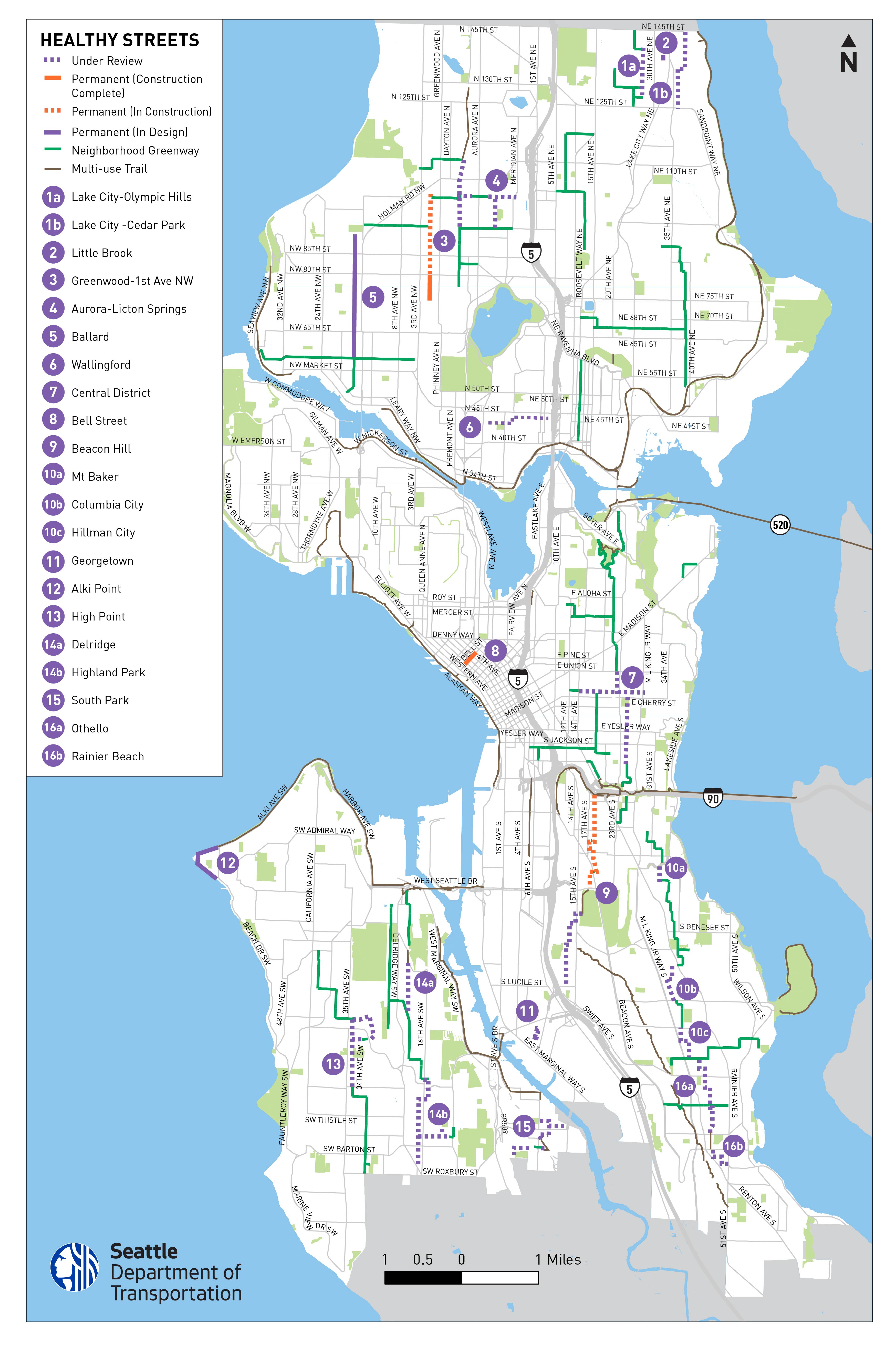 A graphic map showing the locations of the existing Healthy Streets listed below