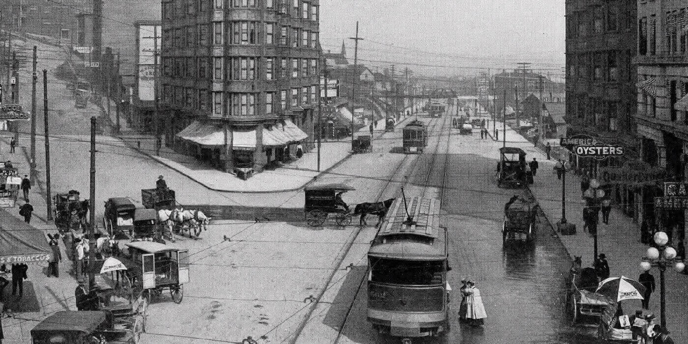 Historic black and white photograph of the Seattle streetcar