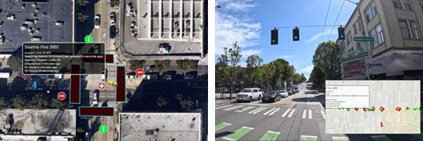Two side by side screens showing where signals were prioritized for emergency vehicles