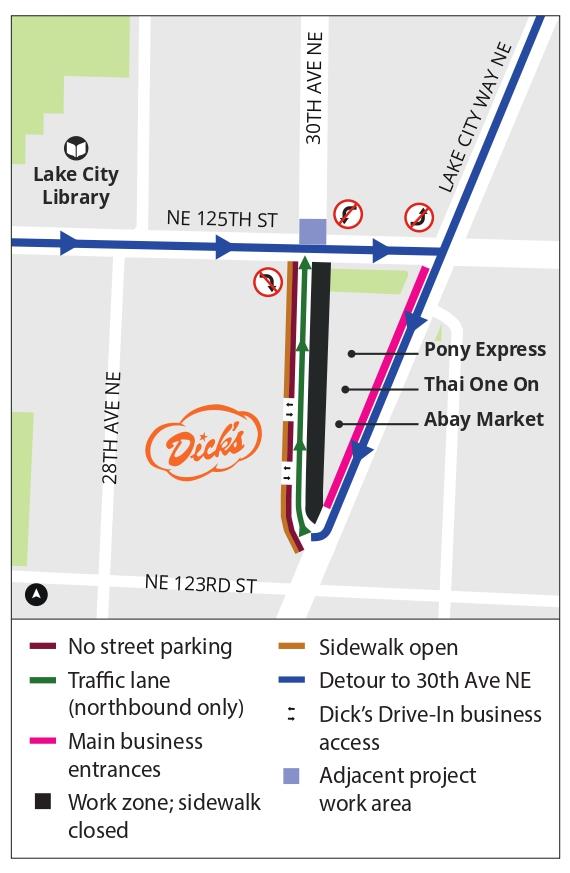 30th Ave NE detour map with single, northbound travel lane for vehicles to enter from Lake City Way NE and exit onto NE 125th St.