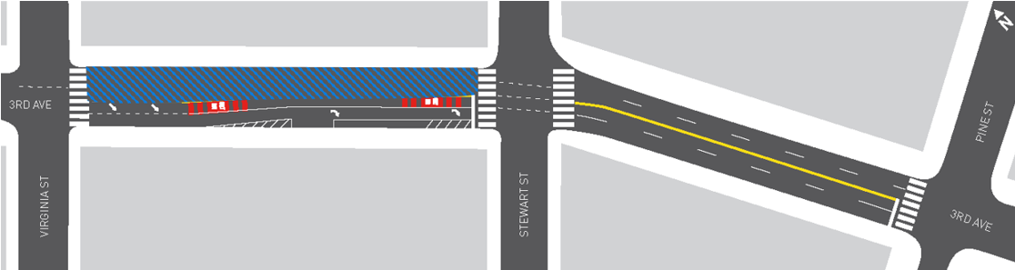 Map of the project area with blue diagonal lines showing lanes that will be restricted on 3rd Ave (between Virginia St and Stewart St) 