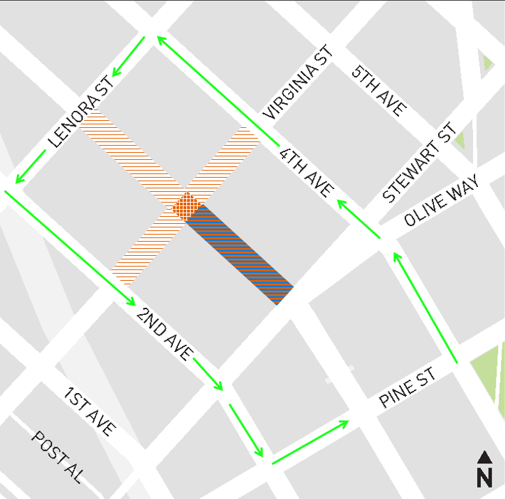 Map showing bus detours (green arrows) around the closure at Virginia and 3rd Ave (orange crosshatch). Local access is allowed but not at the intersection.