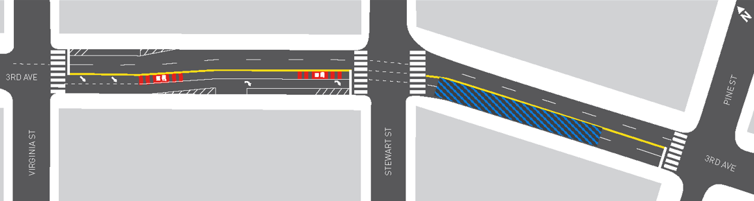 Map of 3rd Avenue between Virginia and Pine St, with a blue crosshatched area showing where construction is occurring and lanes shown in more detail