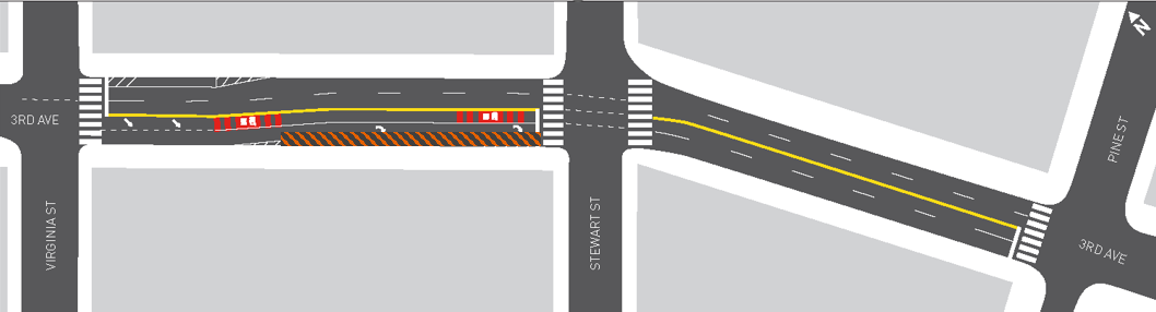Map of 3rd Avenue between Virginia and Pine St, with an orange crosshatched area showing where construction is occurring and lanes shown in more detail