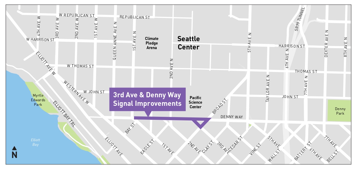 Map showing project area and route along Denny Way between 1st Ave N and Broad St.