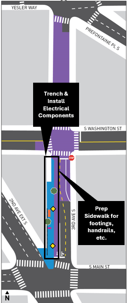 A map of the 3rd Ave S and S Main St project area in Pioneer Square, complete with black text boxes showing where construction will occur over the next week