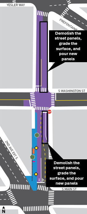 A map of the 3rd Ave S and S Main St project area in Pioneer Square, complete with black text boxes showing where construction will occur over the next week