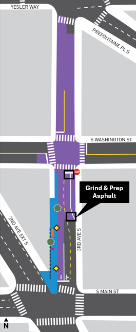A map of the 3rd Ave S and S Main St project area in Pioneer Square, complete with black text boxes showing where construction will occur over the next week