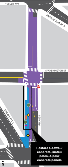 A map of the 3rd Ave S and S Main St project area in Pioneer Square, complete with black text boxes showing where construction will occur over the next week