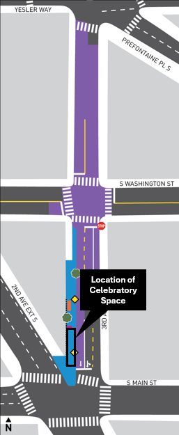 A map of the 3rd Ave S and S Main St project area in Pioneer Square, complete with black text boxes showing where construction will occur over the next week