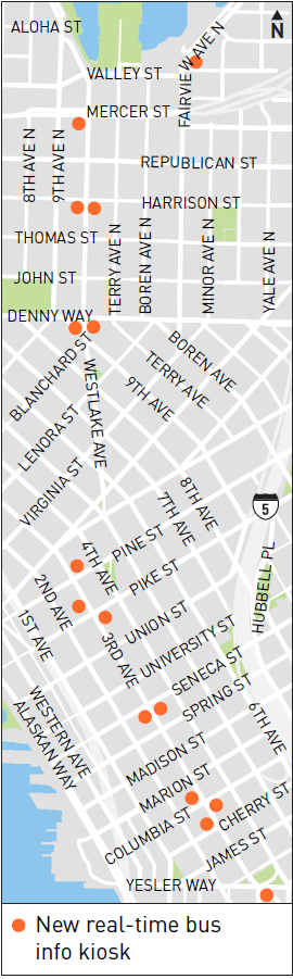 Map showing the locations of where King County Metro is replacing the real-time bus arrival info kiosks 