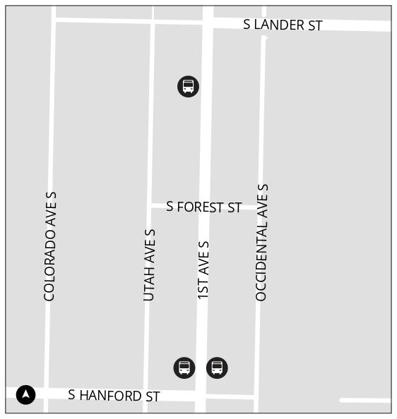 Project Area Map of 1st Ave S Bus Stops between S Hanford and S Lander Streets