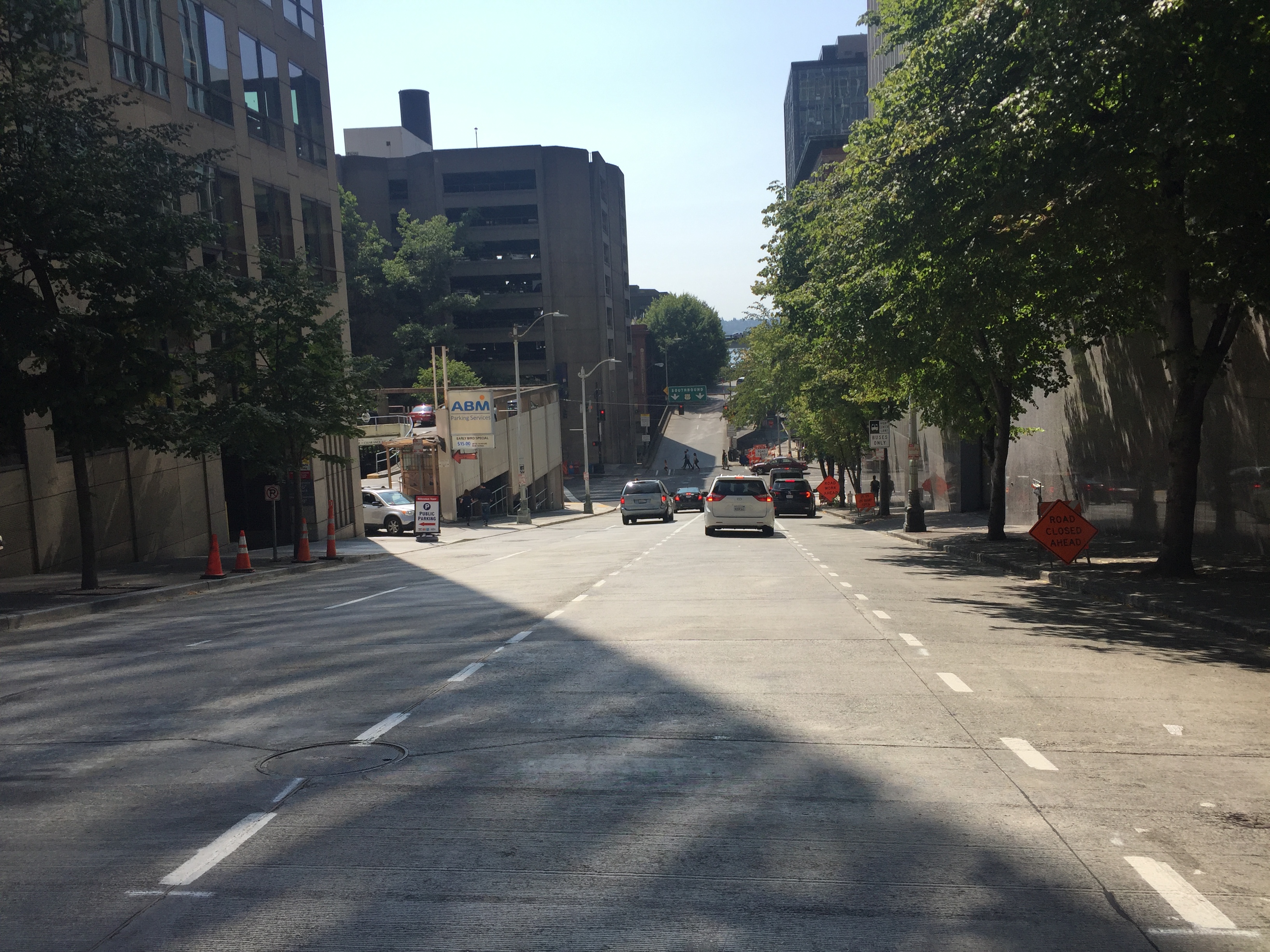 Columbia St between 1st Ave and 2nd Ave looking west