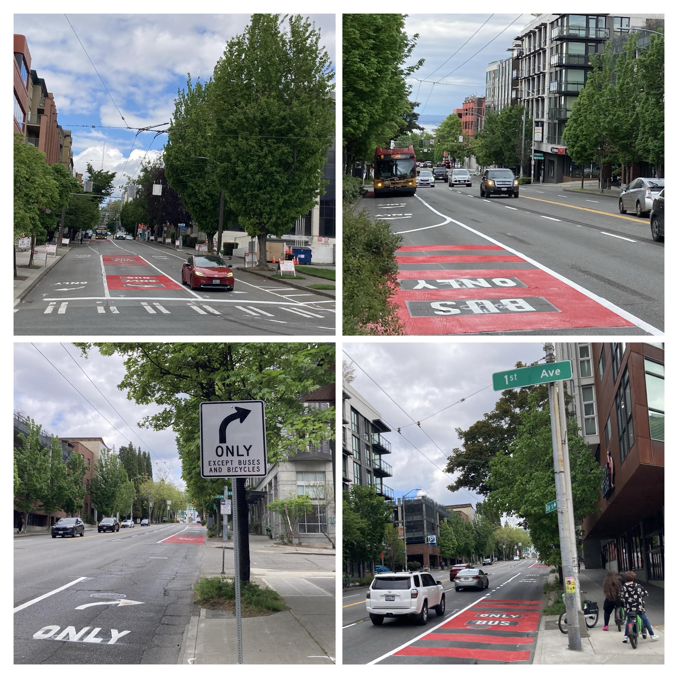 A collage showing the newly installed bus lanes on Denny Way. Top left: (BAT) lane in the center lane on Queen Anne Ave N. Top right: eastbound along Denny Way, a King County Metro bus traveling in the red-marked bus lane. Bottom left: A close-up of a regulatory sign reading "Right Turn Only Except Buses and Bicycles," with red bus lane pavement markings visible in the background. Bottom right: Looking eastbound near 1st Ave, showing the red "BUS ONLY" pavement markings along the curbside bus lane, with pedestrians visible on the sidewalk.
