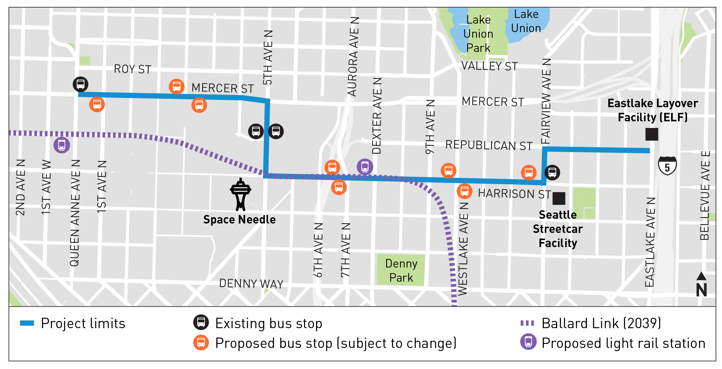 Map showing the Harrison and Mercer Transit Access Project route from Queen Anne Ave N to Fairview Ave N, with existing and proposed bus stops, future light rail stations, and nearby facilities.