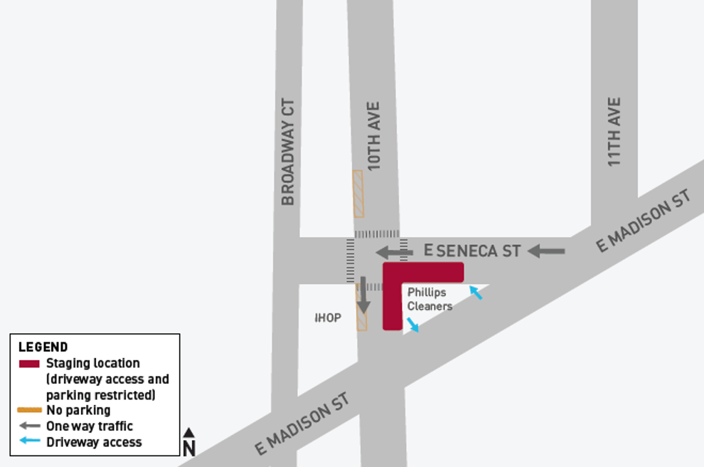 Map of Corner of east side of 10th Ave and south side of E Seneca St