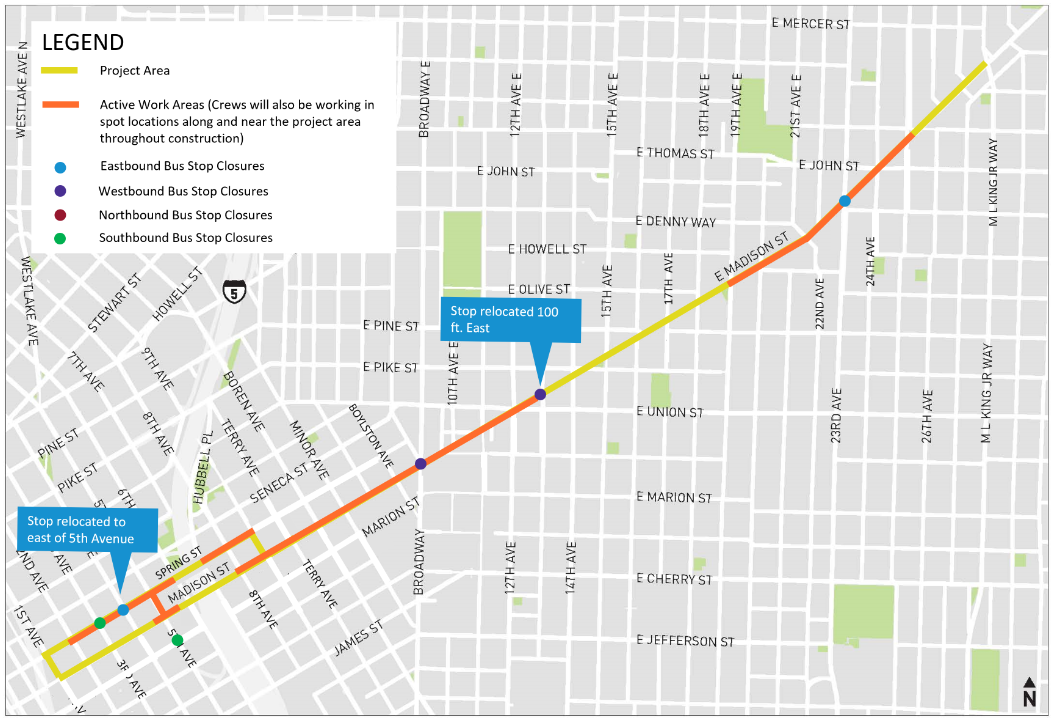 An image showing the locations of closures and re-openings for upcoming construction. 