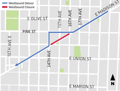 Map showing westbound detour for Madison St between 14th Ave E and 16th Ave E