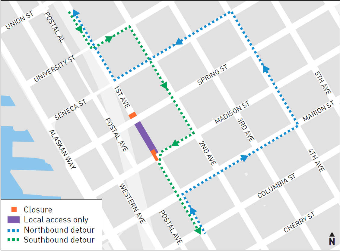 Map showing 1st Ave closure and detour route 
