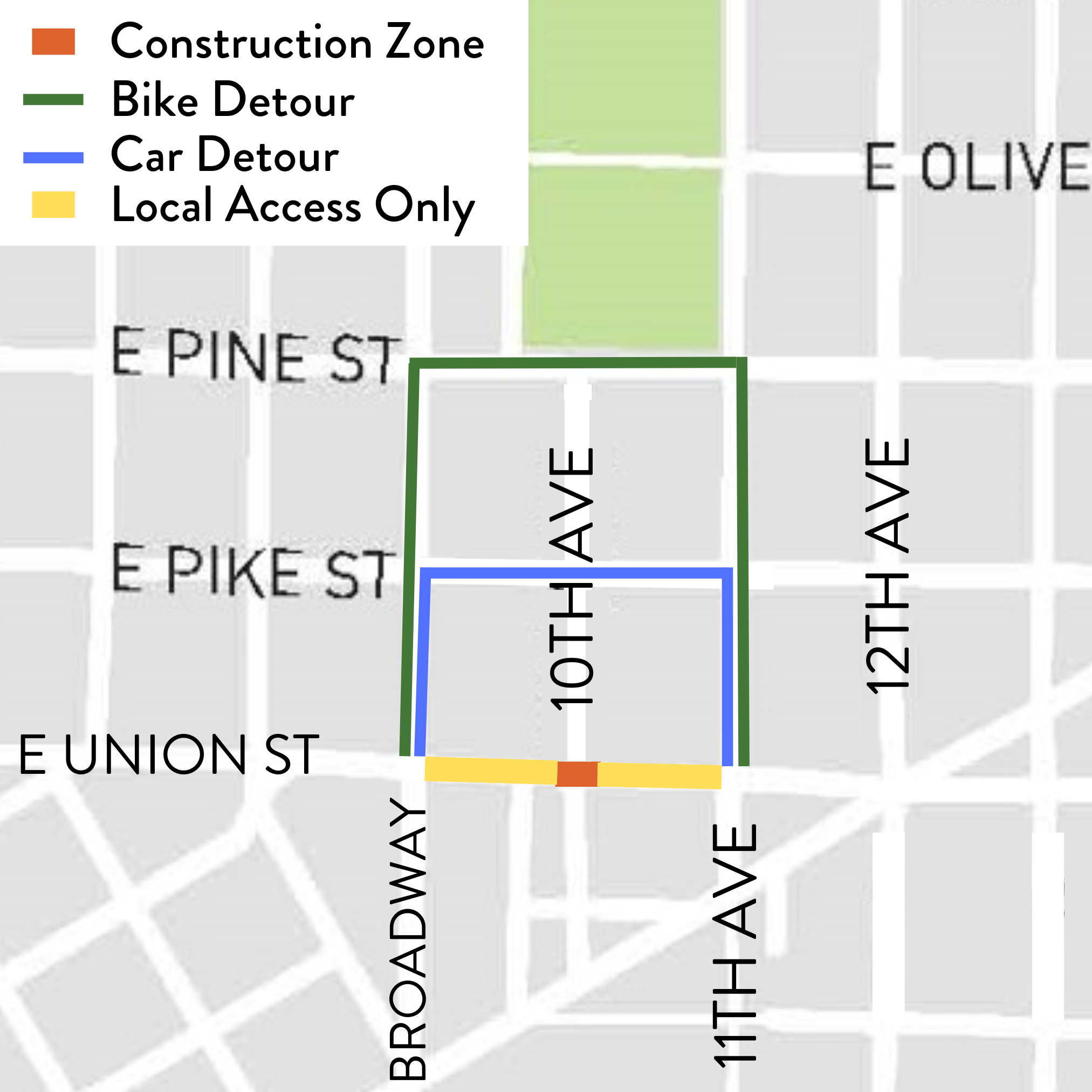 Detour map of 10th Ave and E Union St intersection closure