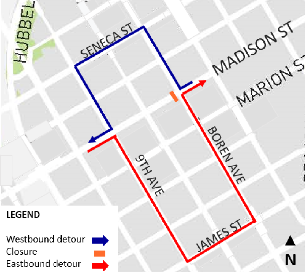 Map showing detour route for closure of Madison St at Boren Ave
