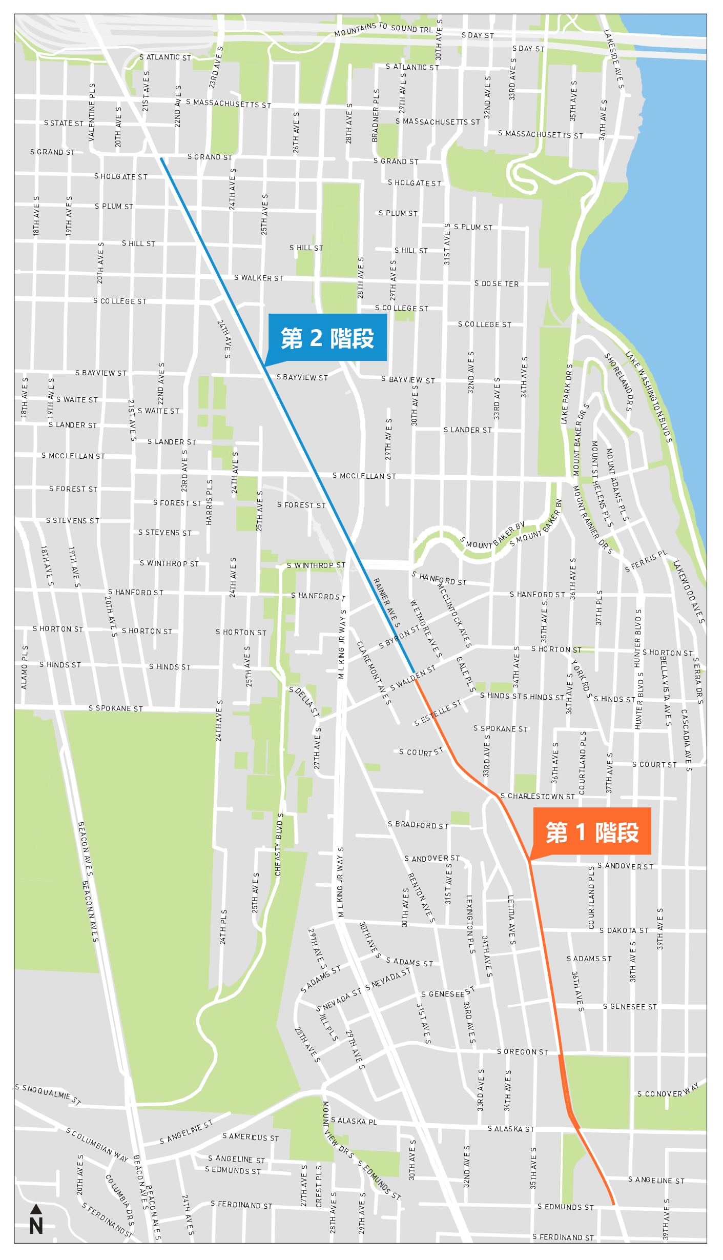 Rainier Ave S 公車專用道的項目區域地圖，第一階段和第二階段沿 Rainier Ave S 上行標示。