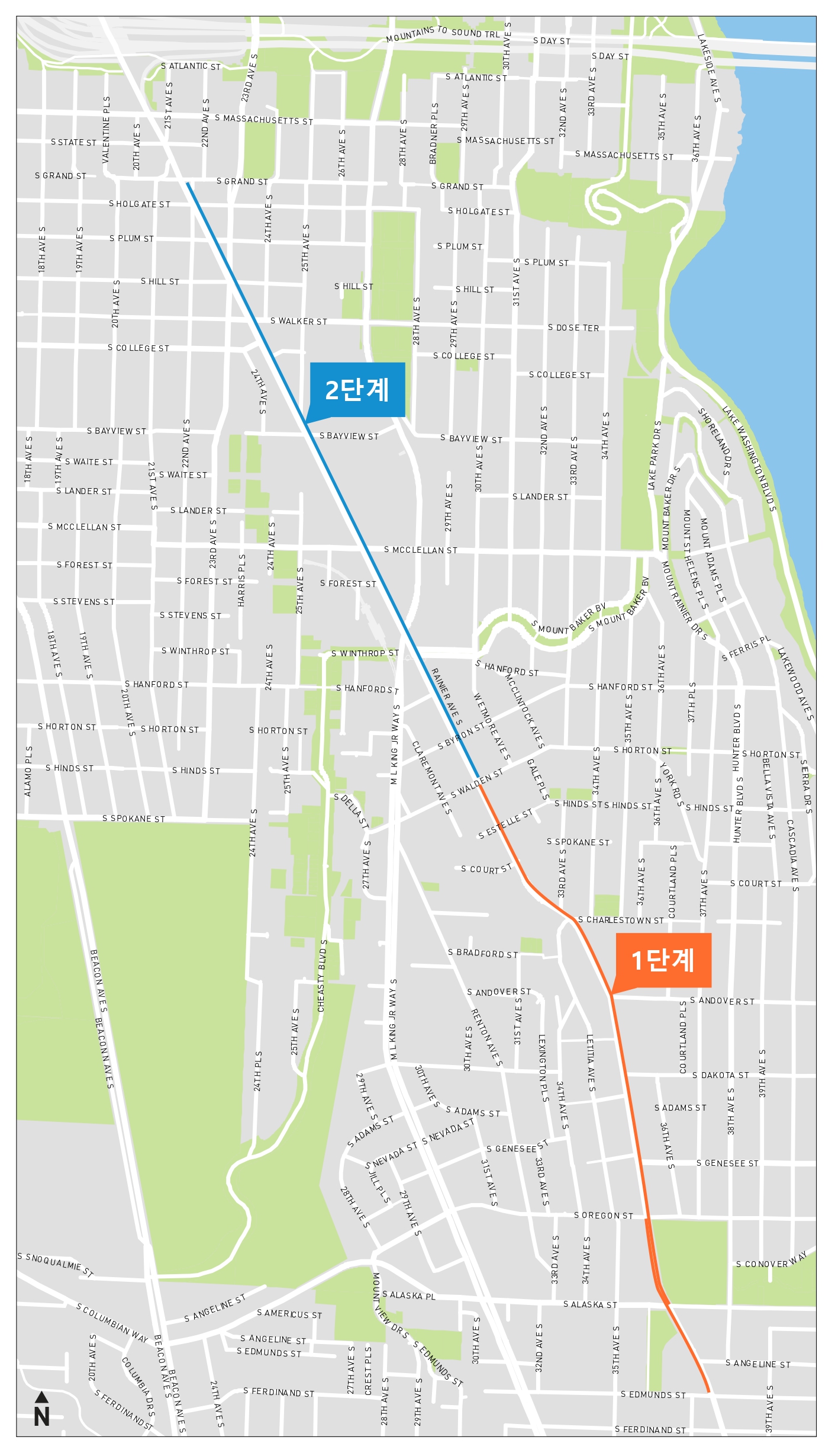 Rainier Ave S를 따라 올라가는 1단계와 2단계를 보여주는 Rainier Ave S 버스 전용 차선의 프로젝트 구역 지도.