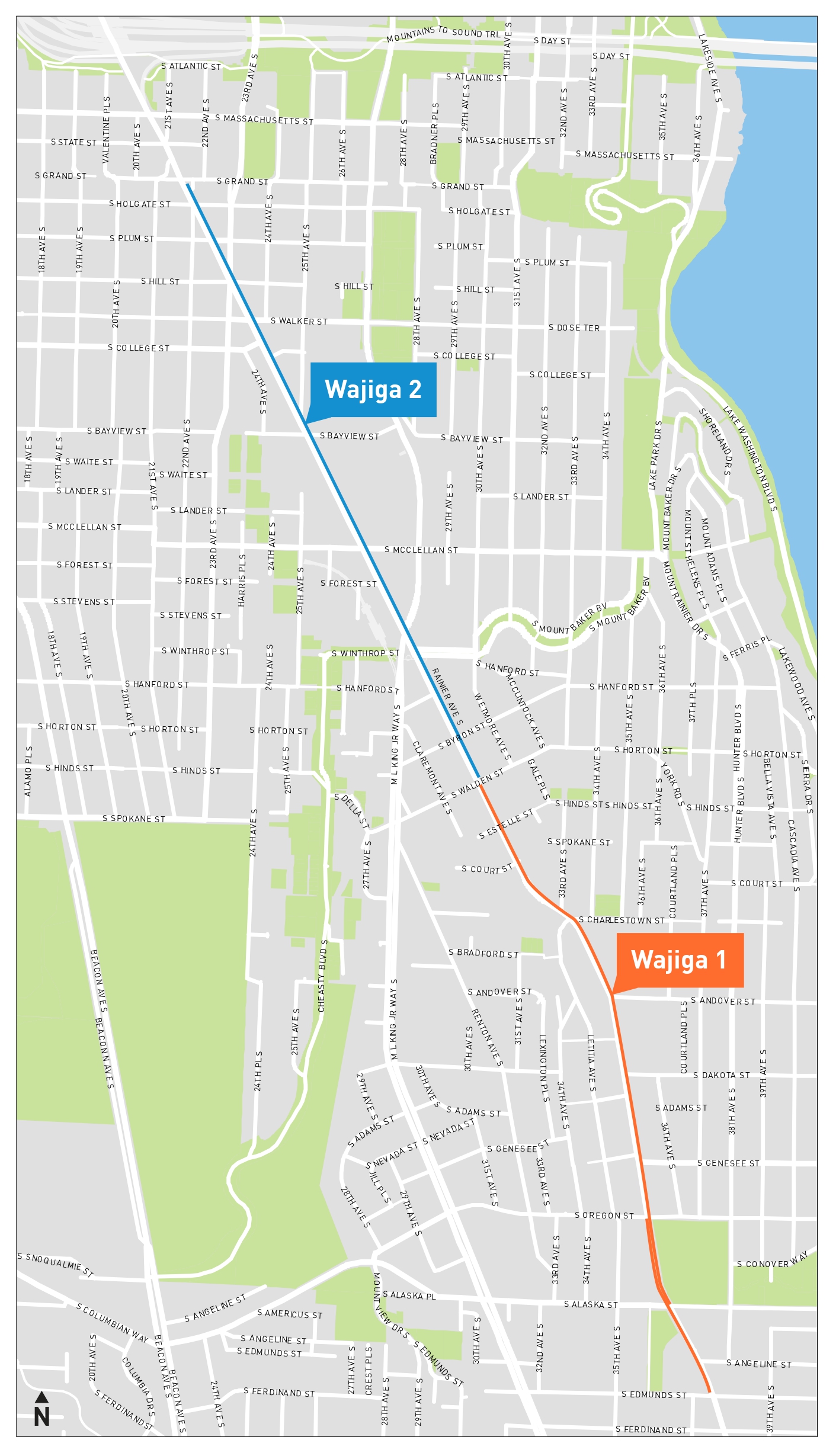 Mashruuc khariidad ah oo loogu talagalay waddada Rainier Ave S oo Bas-Kaliya ah, oo muujinaya wajiga 1aad iyo 2aad ee kor ugu socda Rainier Ave S.