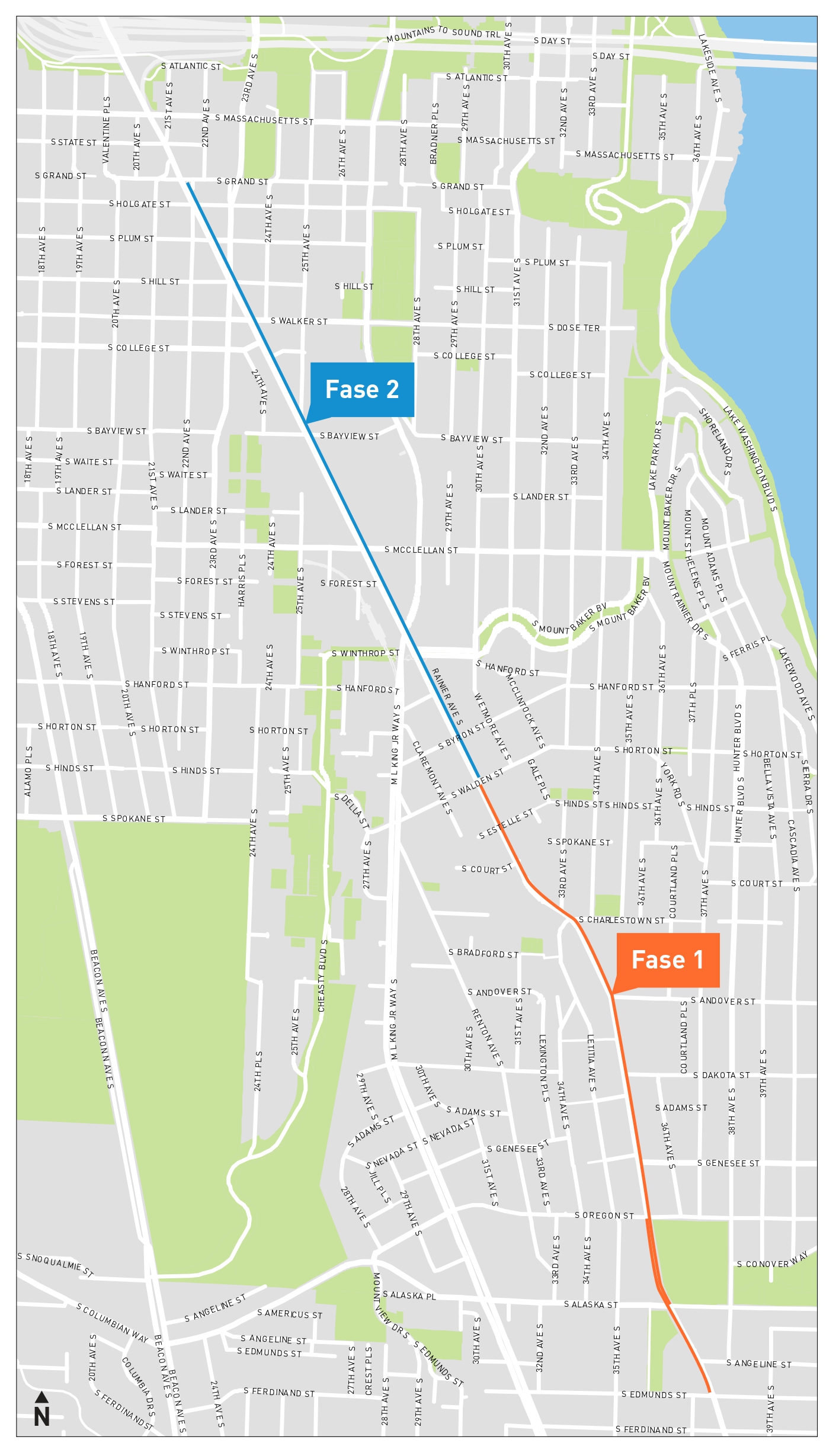 Un mapa del área del proyecto para el carril exclusivo para bus de Rainier Ave S, que muestra la Fase 1 y 2 subiendo por Rainier Ave S.