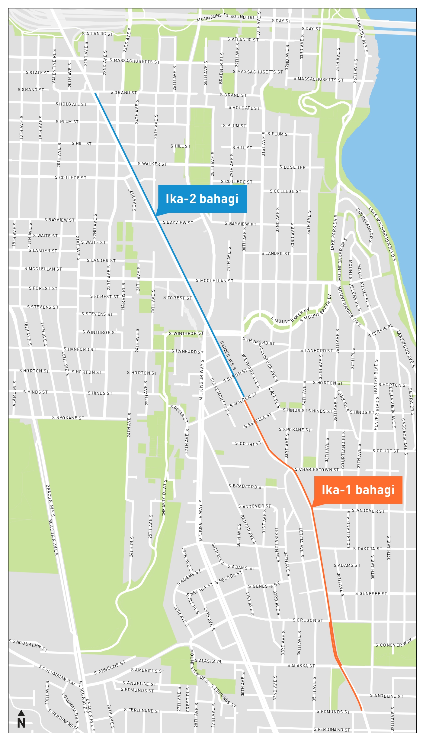 Isang mapa ng lugar ng proyekto para sa Daanang Pang-bus Lamang sa Rainier Ave S, nagpapakita ng Yugto 1 at 2 pataas ng Rainier Ave S.