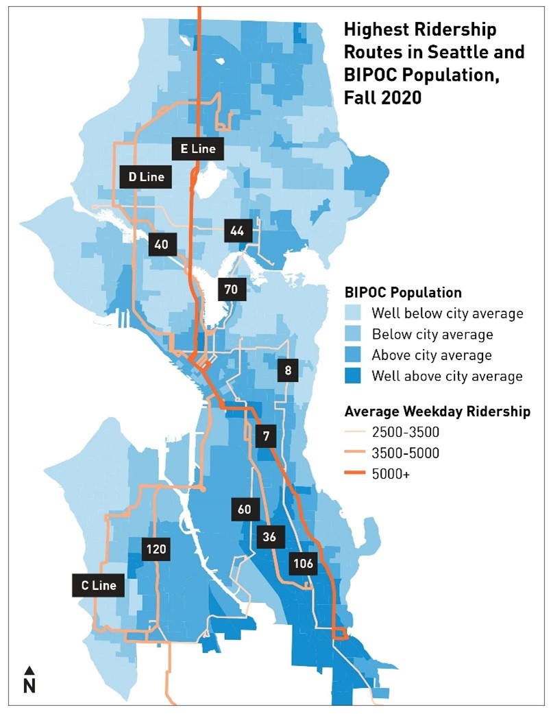 Una infografía que muestra las rutas de bus más populares desde el otoño de 2020, según su uso por la comunidad BIPOC. 