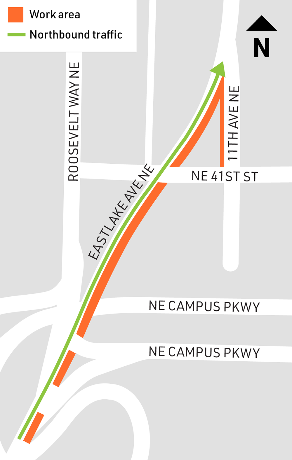 Map shows areas of work just north of the University Bridge