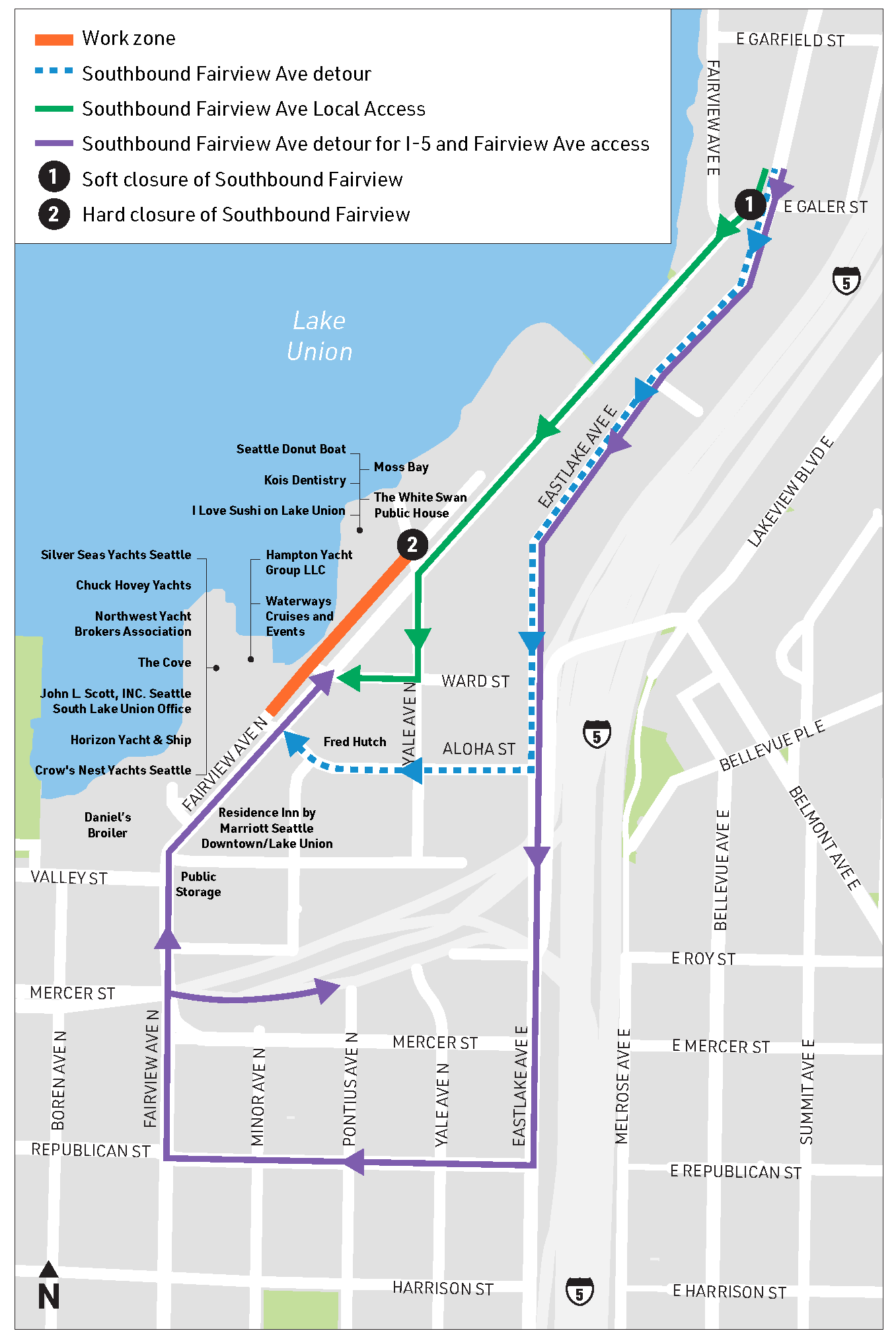 Map shows southbound detour of traffic from Fairview Ave N onto Eastlake Ave E. 