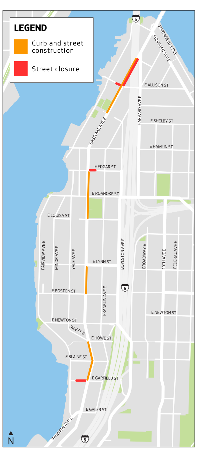Map of construction work along Eastlake Ave E